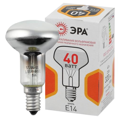 Лампы накаливания ЭРА R50 E14 Рефлекторная 51 мм, мощность - 40 Вт, цоколь - E14, световой поток - 320 лм, цветовая температура - 2700K, форма - рефлекторная