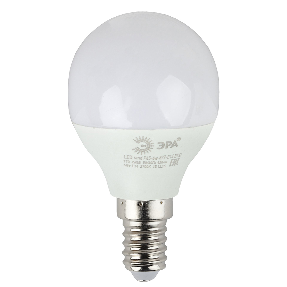 Лампа светодиодная ЭРА ECO P45 45 мм мощность - 8 Вт, цоколь - E14, световой поток - 640 лм, цветовая температура - 4000 К, нейтральный белый, форма  - шар