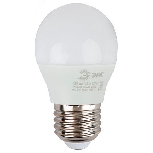 Лампы светодиодные ЭРА ECO P45 45 мм мощность - 6-10 Вт, цоколь - E14-E27, световой поток - 480-800 лм, цветовая температура - 2700-4000 К, форма  - шар