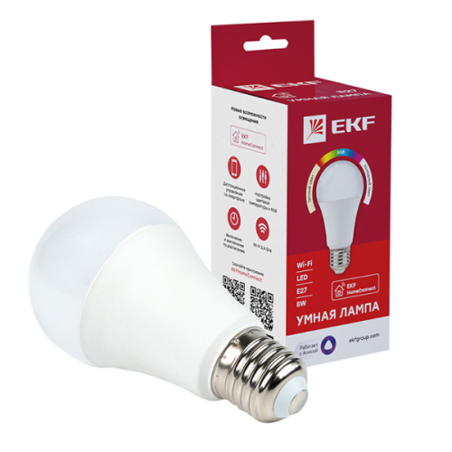 Лампы умные EKF Connect E27 RGBW 60 мм, мощность - 8 Вт, цоколь - E27, световой поток - 806 лм, цветовая температура - 2700...6500 К, тип лампы - светодиодная LED, цвет свечения - теплый, холодный белый, RGBW, форма - грушевидная
