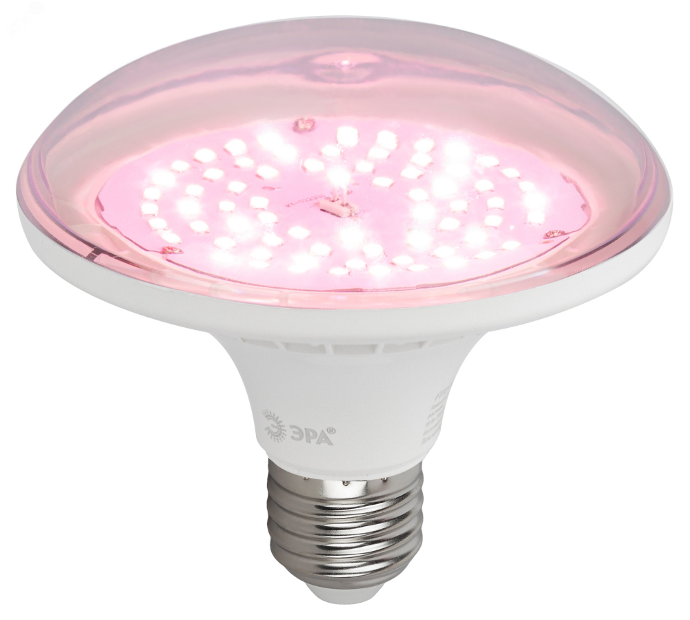 Лампа светодиодная ЭРА FITO-18W-Ra90-E27 для растений полный спектр 110 мм, мощность - 18 Вт, цоколь - E27, цветовая температура - 6500 К, тип лампы - светодиодная LED, форма - грибовидная, цвет - белый