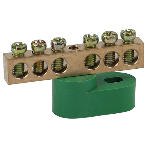 Шины нулевые ЭРА PE с заземлением 6х9 мм на одном угловом изоляторе зеленого цвета, латунные, 4-10 отверстий