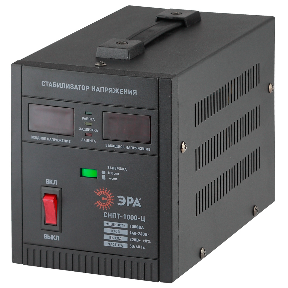 Стабилизатор напряжения ЭРА СНПТ-1000-Ц 1000ВА, 140-260В/220В, индикация напряжения - цифровой дисплей, однофазный переносной