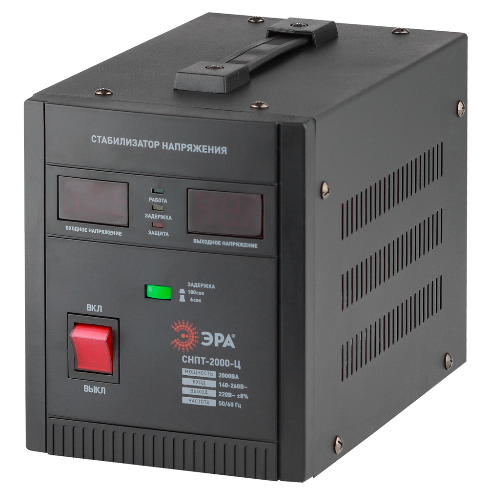 Стабилизатор напряжения ЭРА СНПТ-2000-Ц 2000ВА, 140-260В/220В, индикация напряжения - цифровой дисплей, однофазный переносной