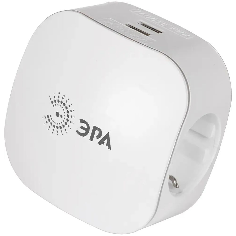 Тройник ЭРА SP-3e-USB 220 В, 16 А, 3500 Вт, 3 розетки, 2 порта USB 2.0, с заземлением, со шторками, цвет - белый