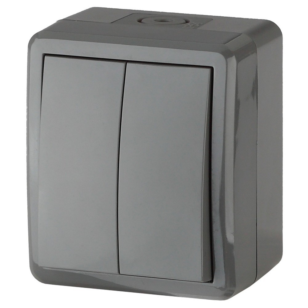 Выключатель двухклавишный ЭРА Эксперт 11-1404-03 открытой установки, номинальный ток - 10 А, степень защиты IP54, цвет - серый