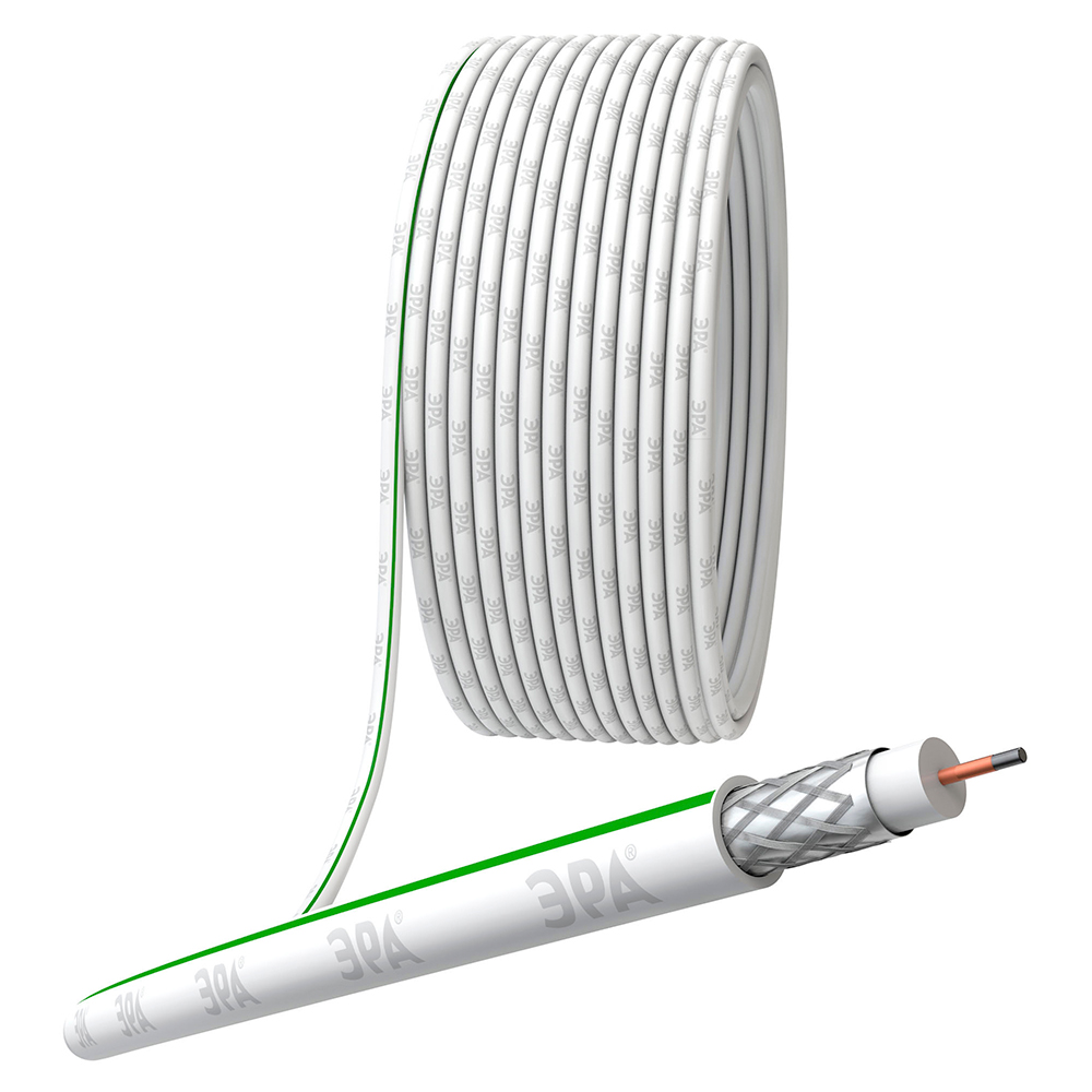 Кабель коаксиальный ЭРА SIMPLE SAT 703 B.CCS/оплетка Al 75% PVC в бухте (м), волновое сопротивление - 75 Ом, материал внешней оболочки - поливинилхлорид, бухта - 100 м, цвет - белый