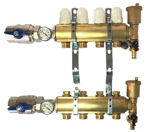 Колекторные группы EUROS 1 1/4″ на 7 отводов 3/4″ Ру10  с кранами с термометрами, термостатическими вставками и запорными клапанами