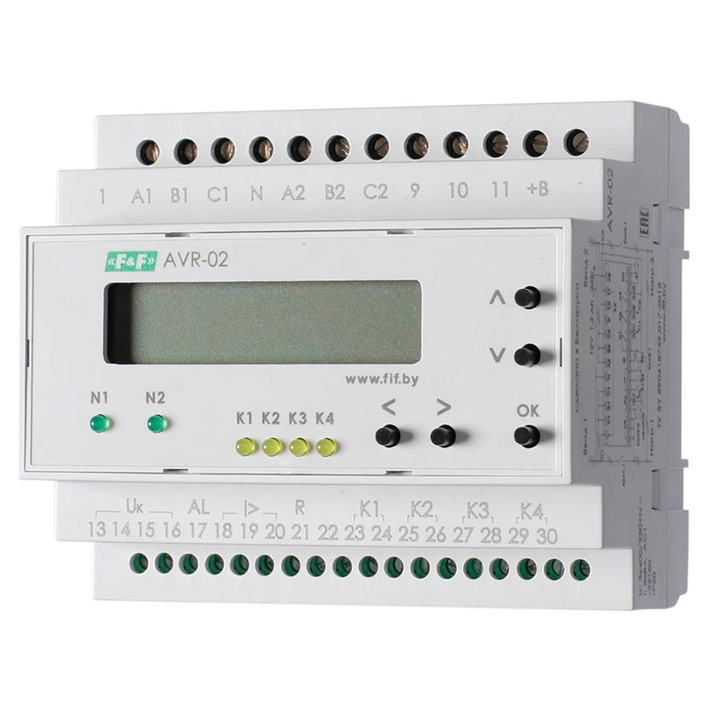Устройство управления резервным питанием Евроавтоматика F&F AVR-02 монтаж на DIN-рейке, контакты 4NO/NC + 1NO, 8А, 24-264В, IP20