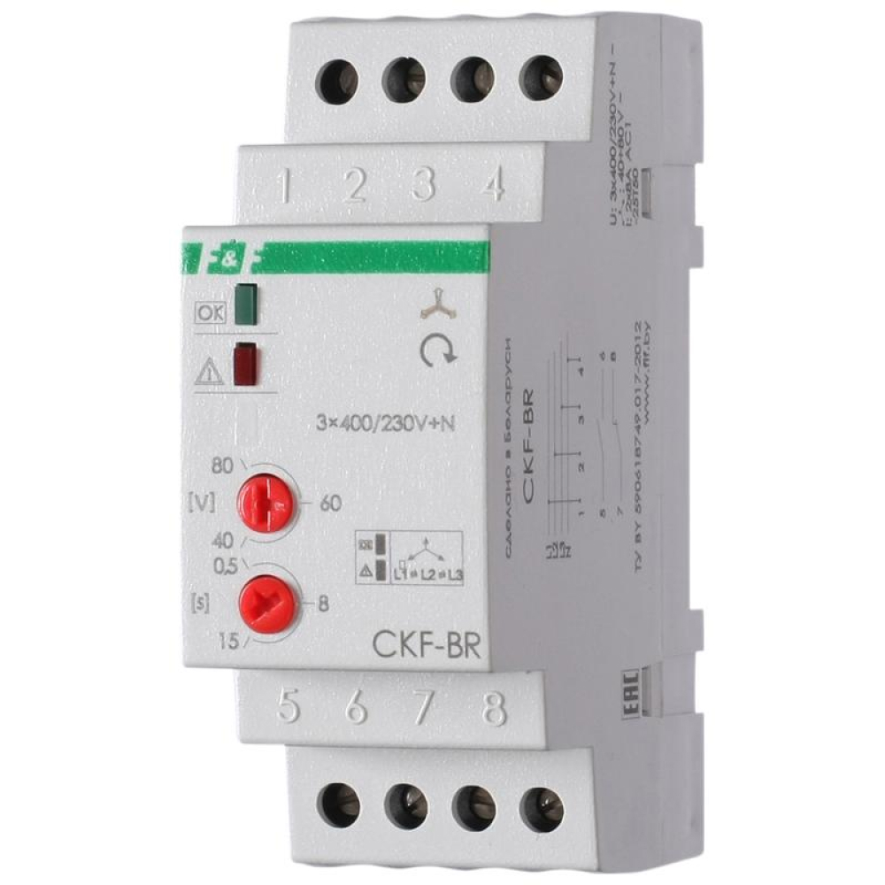 Реле контроля наличия и чередования фаз Евроавтоматика F&F CKF-BR 2х8 А, 1Z, 1R, 3х400/230+N, регулировка порога и времени отключения, монтаж на DIN-рейке 35мм, IP20