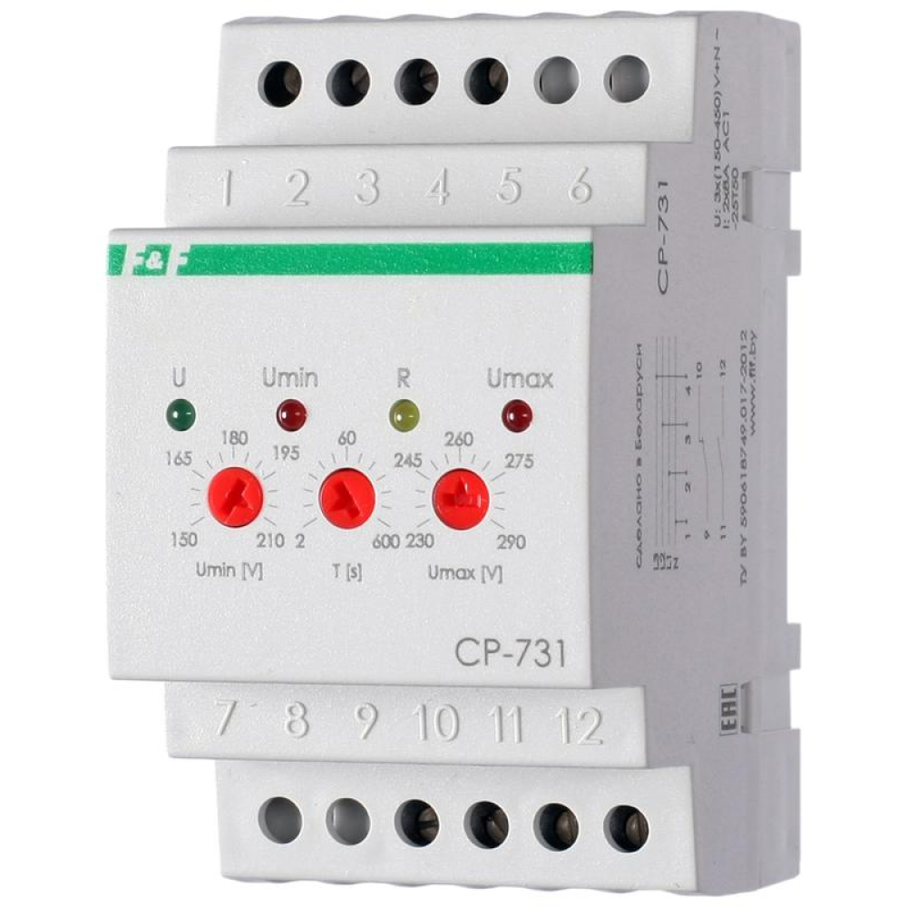 Реле напряжения Евроавтоматика F&F CP-731 микропроцессорный, 2х8 А, 1Z, 1R, 3х400/230+N, контроль верхнего и нижнего значений напряжения, контроль асимметрии, чередования фаз, монтаж на DIN-рейке 35мм, для трехфазной сети, IP20