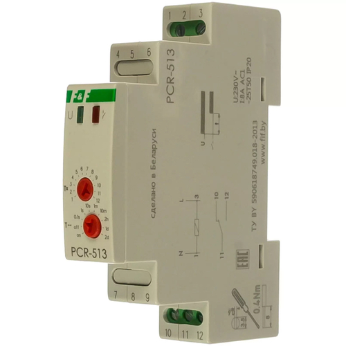 Реле времени Евроавтоматика F&F PCR-513-8А, 230 В, 1 переключающий контакт, задержка включения, монтаж на DIN-рейке, IP20