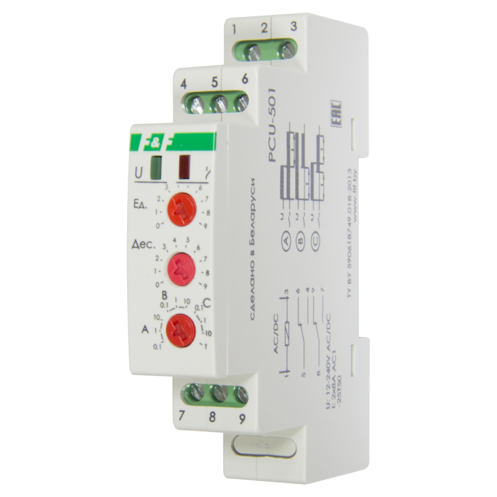 Реле времени Евроавтоматика F&F PCU-510 многофункциональное, 2х8 А, 230 В, 2 переключающих контакта, монтаж на DIN-рейке, IP20