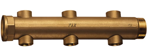 Коллекторы нерегулируемые FAR FK 3620 наружная/внутренняя резьба, выход внутренняя резьба, проходной, с межосевым расстоянием отводов 100 мм, корпус Dzr латунь