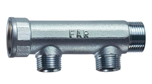 Коллекторы нерегулируемые FAR FK 3300 наружная/внутренняя резьба с выходами М24х19, проходной, с межосевым расстоянием отводов 36 мм, корпус латунь