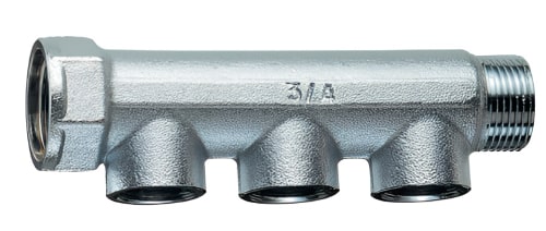 Коллекторы нерегулируемые FAR FK 3500 наружная/внутренняя резьба, выходы внутренняя резьба, проходной, с межосевым расстоянием отводов 36 мм, корпус латунь