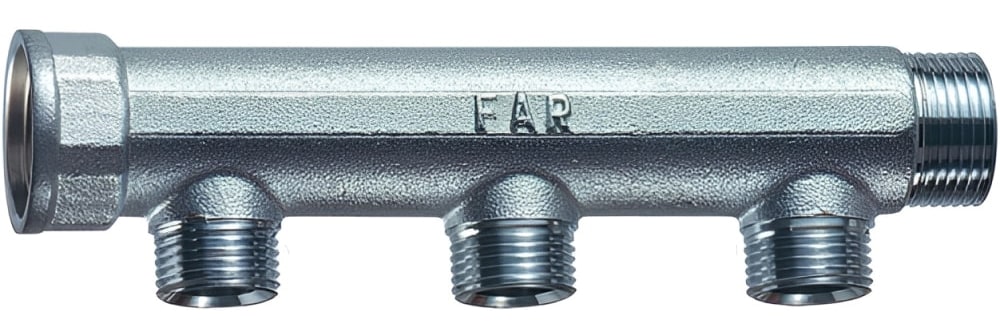 Коллектор нерегулируемый FAR FK 3650 Ду25-3х1/2″ Ру10, наружная/внутренняя резьба с 3-мя выходами Ду15, выходы внутренняя резьба, проходной, корпус латунь