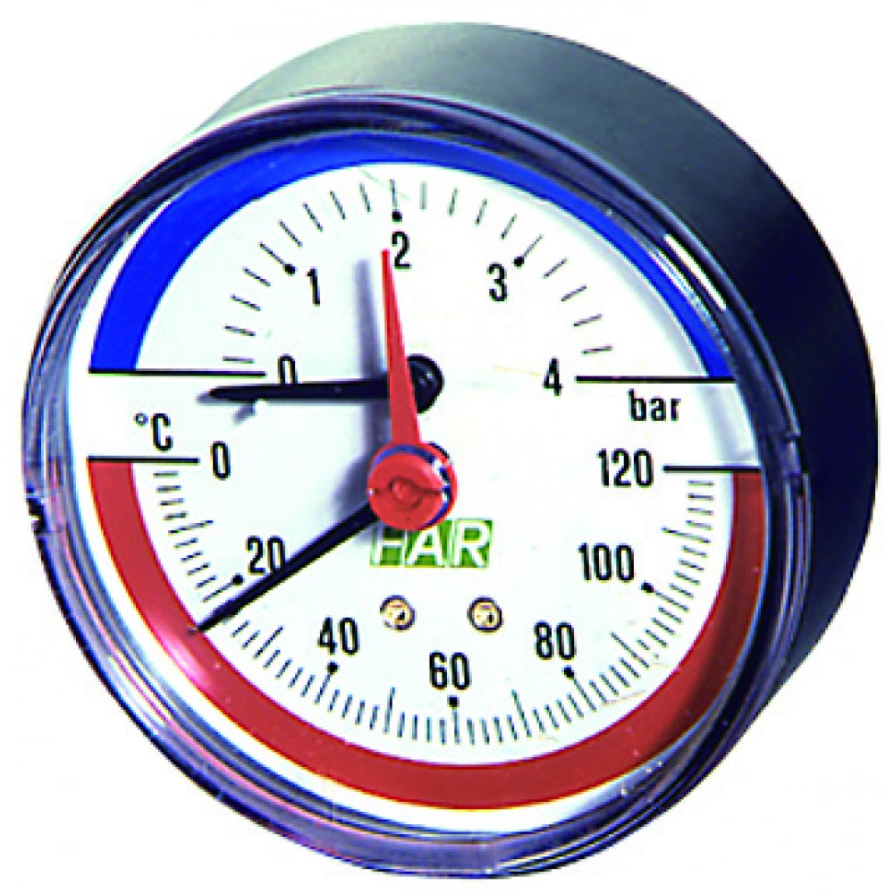 Термоманометр FAR Fa 2550 (0-120С) (0-10бар) G1/4 корпус 80 мм, тип - 2550, до 120°С, осевое присоединение, 0-10бар, резьба G1/4″, класс точности 1.6