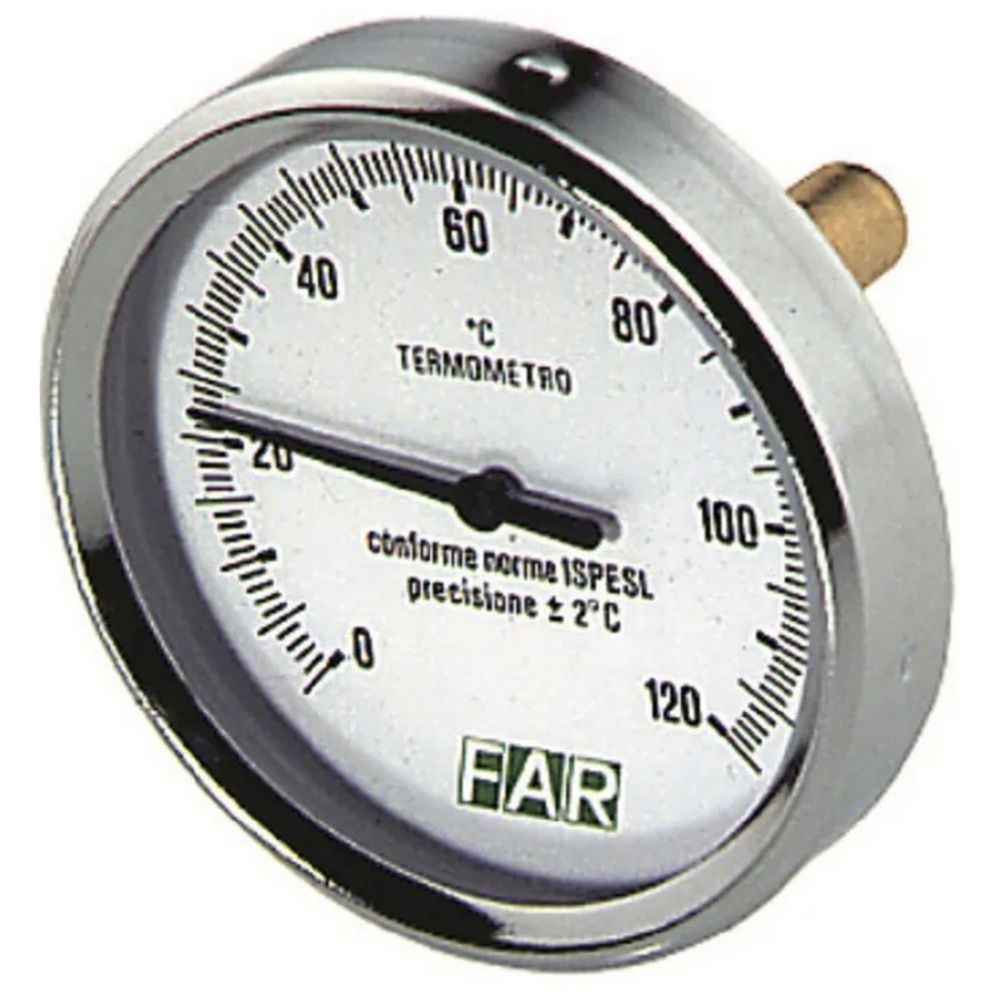 Термометр осевой FAR Fa 2600 (0-120°C) биметаллический 80мм, тип - Fa 2600, осевое присоединение, шкала (0-120°С), погружной шток L=50мм, класс точности 2