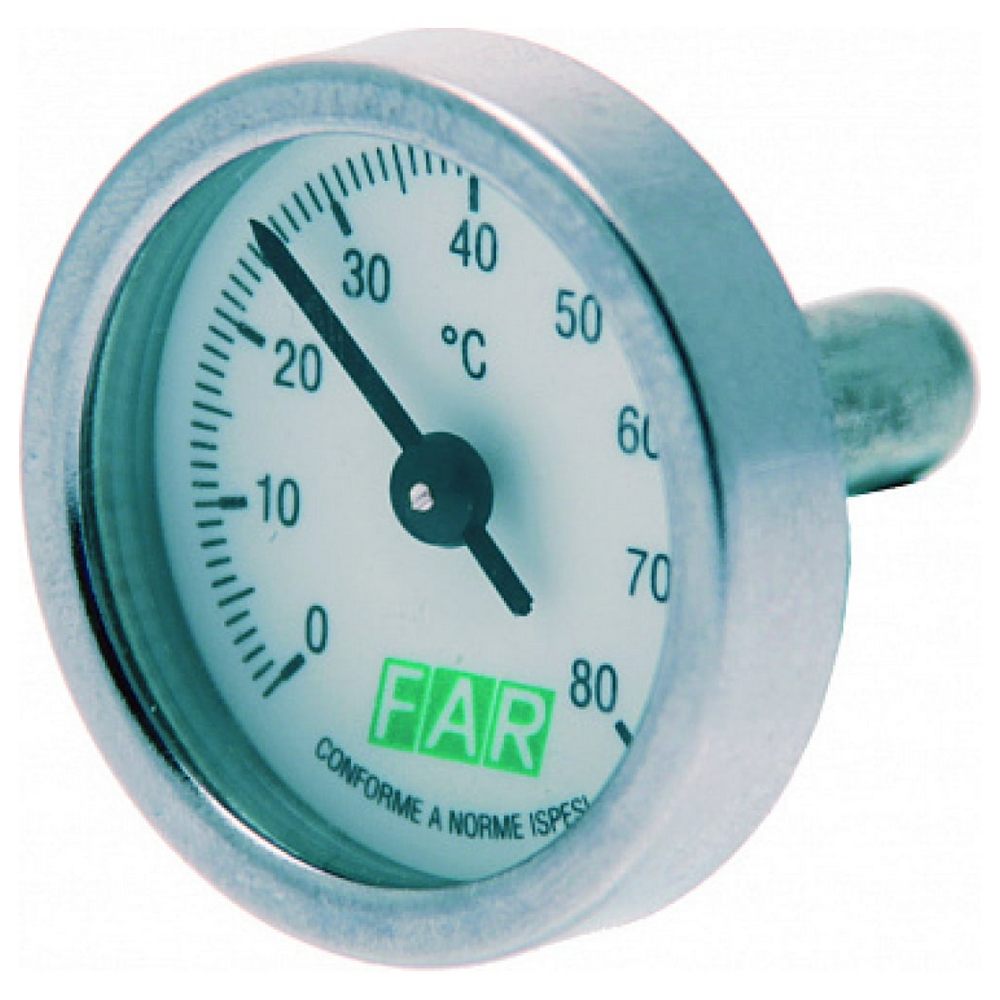 Термометр осевой FAR Fa 2653 (0-80°С) биметаллический 40 мм, тип - Fa 2653, осевое соединение, (шкала 0-120°С), погружной шток L=36мм, для шаровых кранов без фиксатора