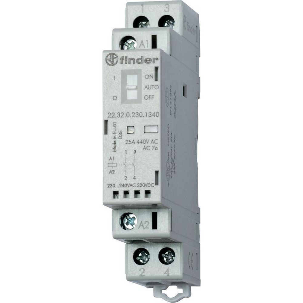 Контактор модульный FINDER 22 AgNi, переключатель, индикатор с LED, рабочий ток 25 А, катушка управления 24 В, 2NO