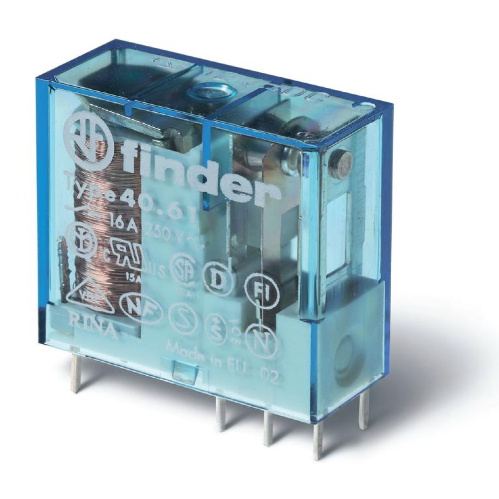 Реле промежуточное FINDER 40 серия миниатюрное, универсальное, электромеханическое, 1CO, 16 А, AgCdO, 24 В, DC, RTII, для печатного монтажа, монтаж на печатную плату или в розетку, выводы с шагом 5 мм