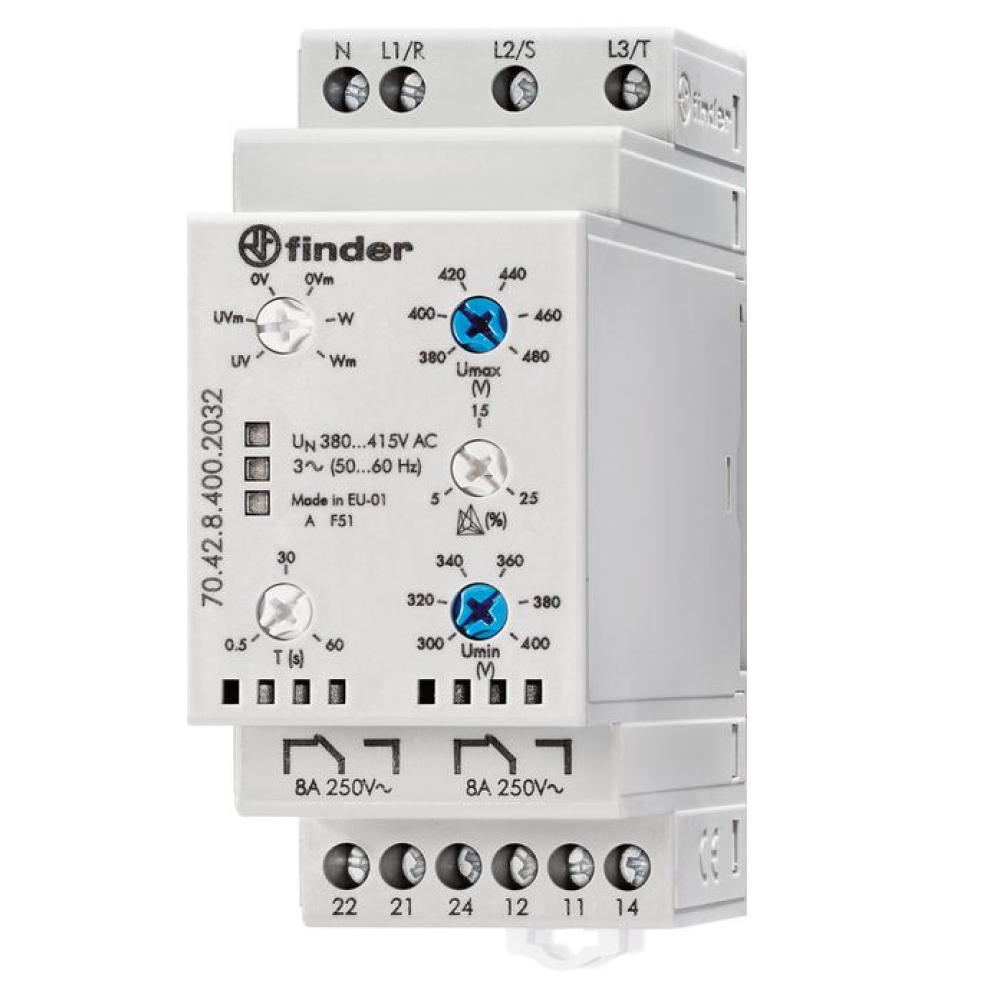 Реле контроля фаз FINDER 70 серия 8 А, 400 В, 2CO, пониженное/повышенное напряжение, обрыв/чередование/асимметрия фаз, контроль нейтрали, настраиваемые диапазоны выход, 35 мм, для трехфазной сети, IP20