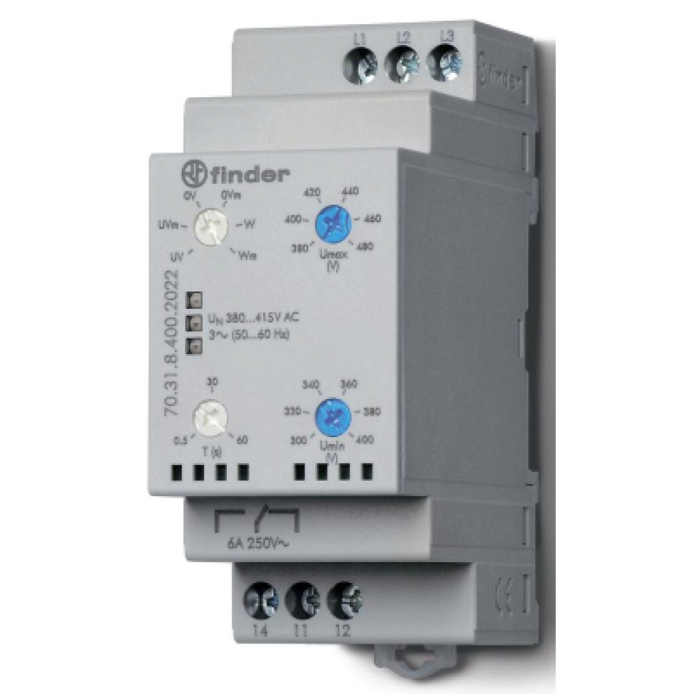 Реле контроля фаз FINDER 70 серия контрольное, 6 А, пониженное/повышенное напряжение, 1CO, для трехфазных сетей