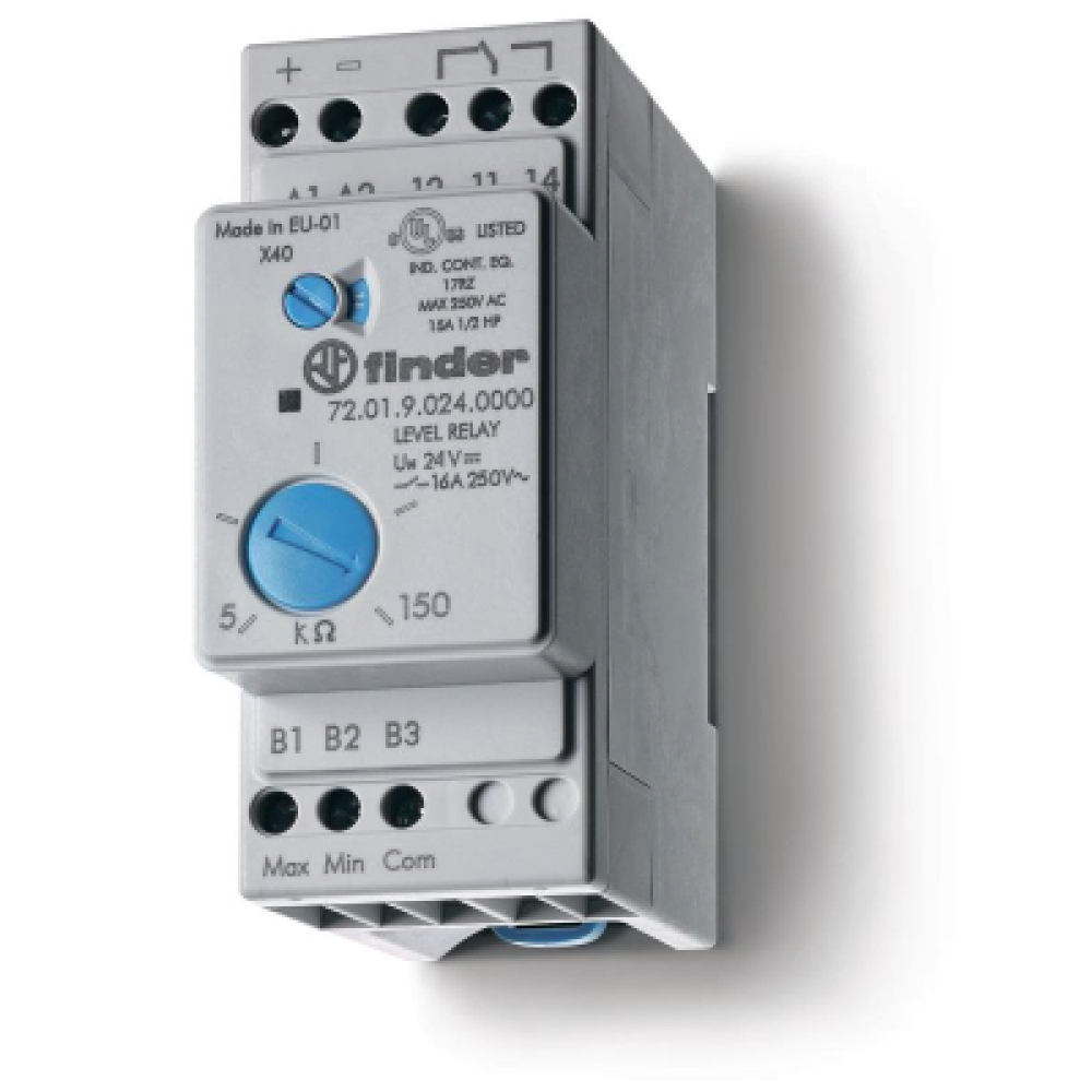 Реле контроля уровня FINDER 72 серия 16 А, 240 В, AC, 1CO, настраиваемый диапазон чувствительности 5…150кОм, IP20