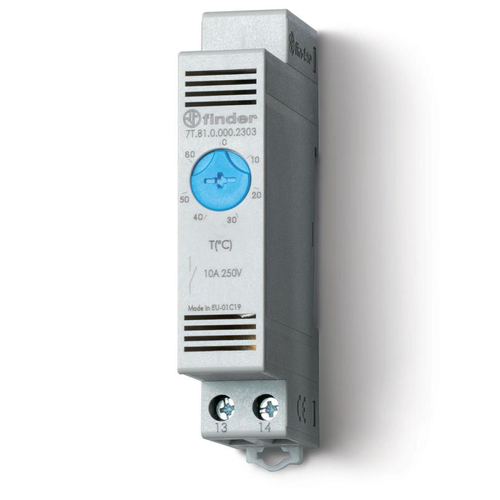 Термостаты щитовые FINDER 7T модульные, диапазон температур 0…+60 °C, 10 А, 1NO, IP20, для включения охлаждения