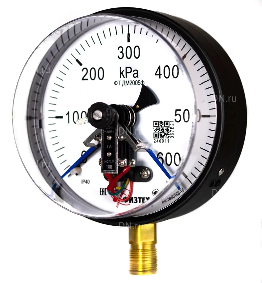 Манометр ФИЗТЕХ ДМ2005ф 0-600 кПа d.160 класс точности 1.5, резьбовое соединение М20х1.5, степень защиты корпуса IP40, электроконтактный, с сигнализирующим устройством тип V, радиальное присоединение