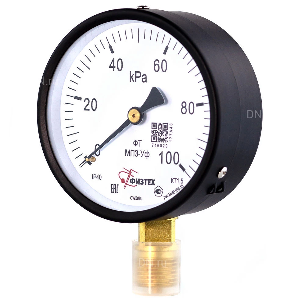 Манометр ФИЗТЕХ МП3-Уф (0-100 кПа) IP40, общетехнический 100мм, радиальное присоединение, резьба G1/2, класс точности 1.5