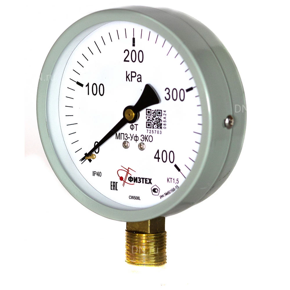 Манометр ФИЗТЕХ МП3-Уф (0-400 кПа) IP40, общетехнический 100мм, исполнение ЭКО, радиальное присоединение, резьба М20х1.5, класс точности 1.5