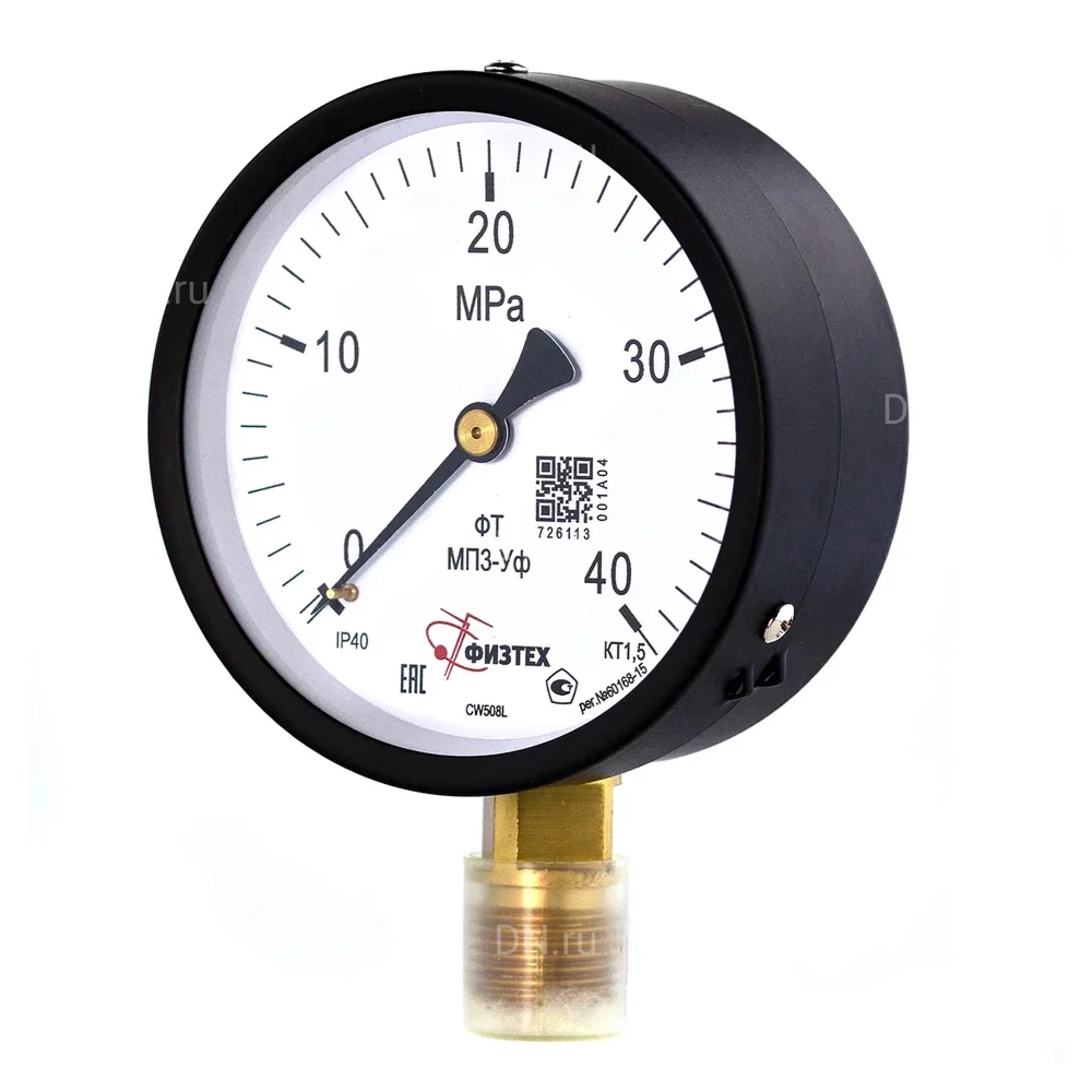 Манометр ФИЗТЕХ МП3-Уф (0-40 МПа) IP40, общетехнический 100мм, радиальное присоединение, резьба М20х1.5, класс точности 1.5