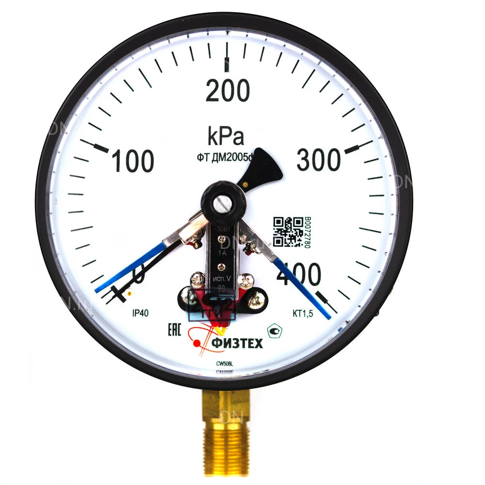 Манометр ФИЗТЕХ ДМ2005ф 0-400 кПа d.160 класс точности 1.5, резьбовое соединение М20х1.5, степень защиты корпуса IP40, электроконтактный, с сигнализирующим устройством тип V, радиальное присоединение