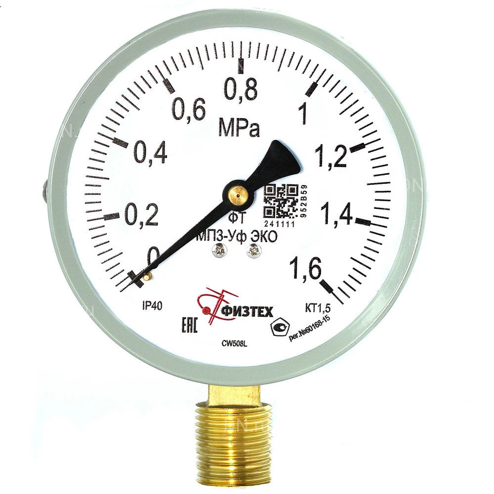 Манометр ФИЗТЕХ МП3-Уф (0-1.6 МПа) IP40, общетехнический 100мм, исполнение ЭКО, радиальное присоединение, резьба G1/2, класс точности 1.5