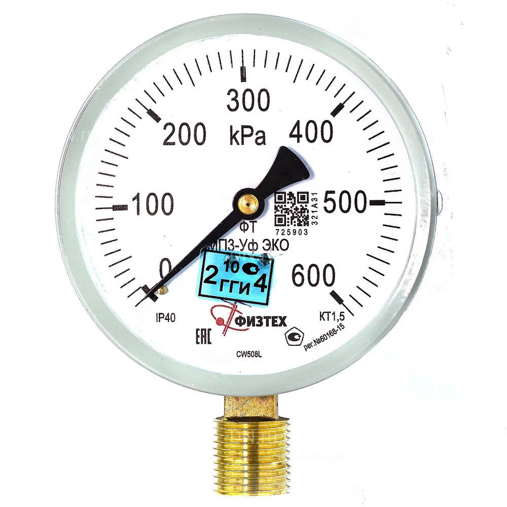 Манометр ФИЗТЕХ МП3-Уф (0-600 кПа) IP40, общетехнический 100мм, исполнение ЭКО, радиальное присоединение, резьба G1/2, класс точности 1.5