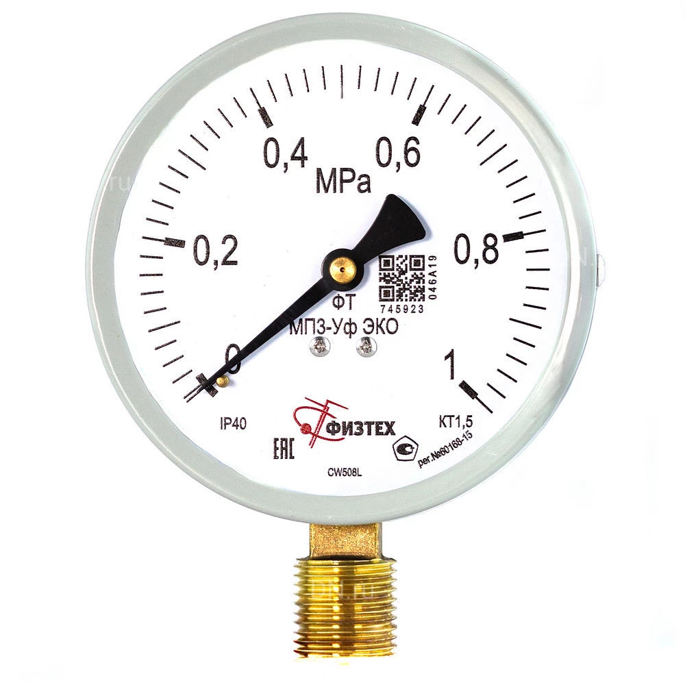 Манометр ФИЗТЕХ МП3-Уф (0-1 МПа) IP40, общетехнический 100мм, исполнение ЭКО, радиальное присоединение, резьба М20х1.5, класс точности 1.5