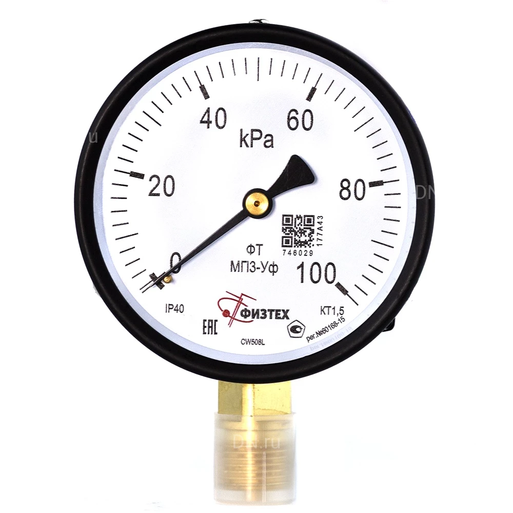 Манометр ФИЗТЕХ МП3-Уф (0-100 кПа) IP40, общетехнический 100мм, радиальное присоединение, резьба М20х1.5, класс точности 1.5