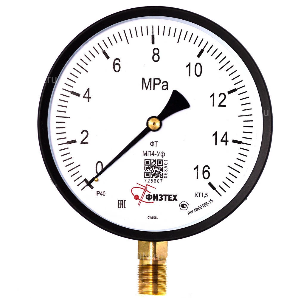Манометр ФИЗТЕХ МП4-Уф 0-16 МПа IP40, общетехнический 160 мм, резьба М20х1.5, класс точности - 1.5, радиальный штуцер
