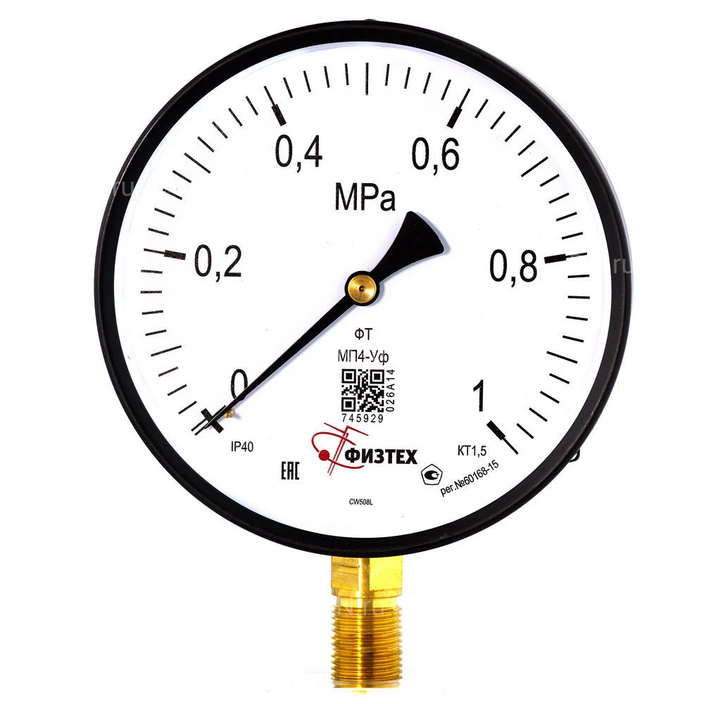 Манометр ФИЗТЕХ МП4-Уф 0-1 МПа IP40, общетехнический 160 мм, резьба М20х1.5, класс точности - 1.5, радиальный штуцер