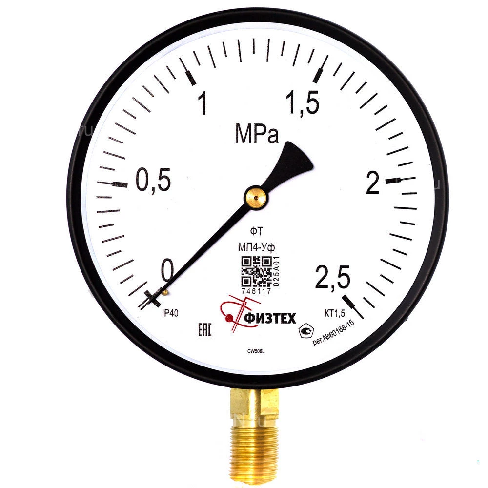 Манометр ФИЗТЕХ МП4-Уф 0-2.5 МПа IP40, общетехнический 160 мм, резьба М20х1.5, класс точности - 1.5, радиальный штуцер