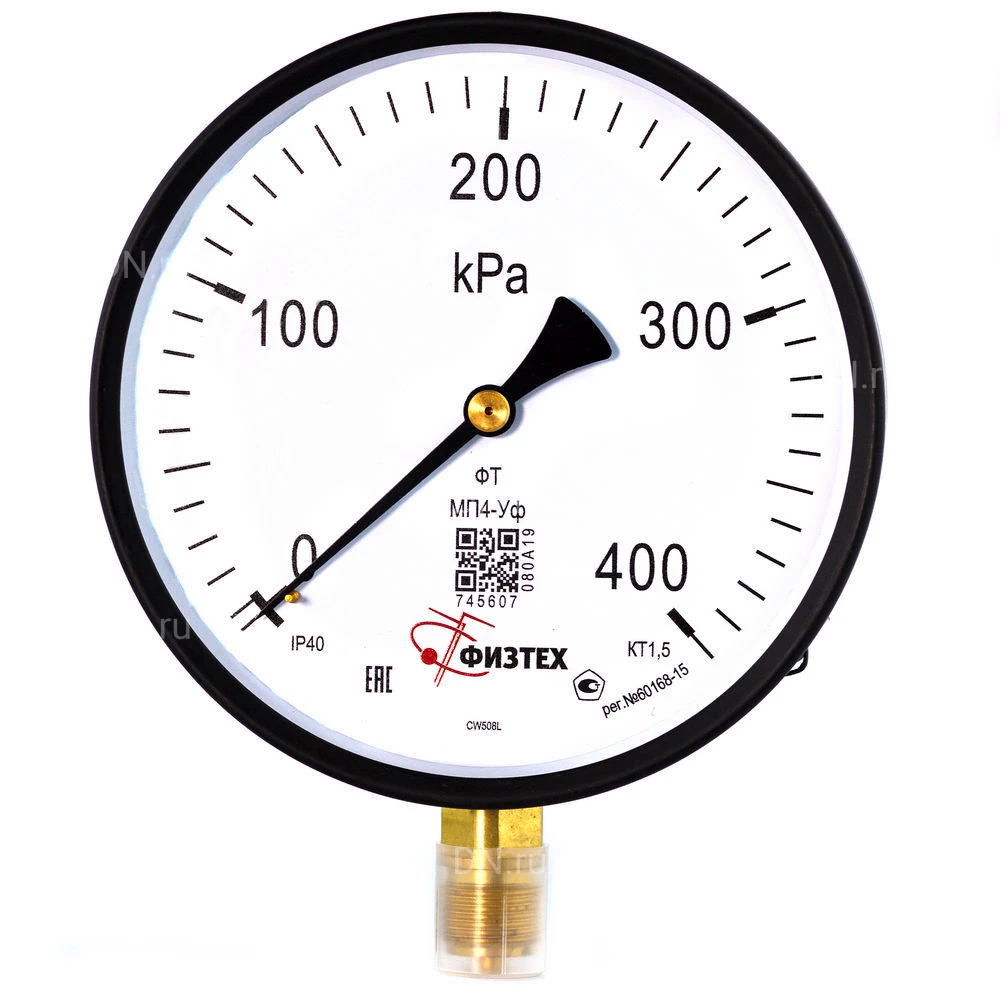 Манометр ФИЗТЕХ МП4-Уф 0-400 кПа IP40, общетехнический 160 мм, резьба М20х1.5, класс точности - 1.5, радиальный штуцер