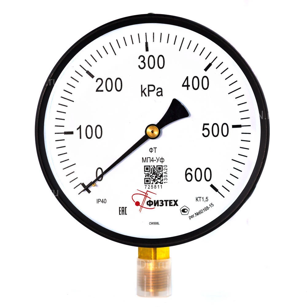Манометр ФИЗТЕХ МП4-Уф 0-600 кПа IP40, общетехнический 160 мм, резьба М20х1.5, класс точности - 1.5, радиальный штуцер