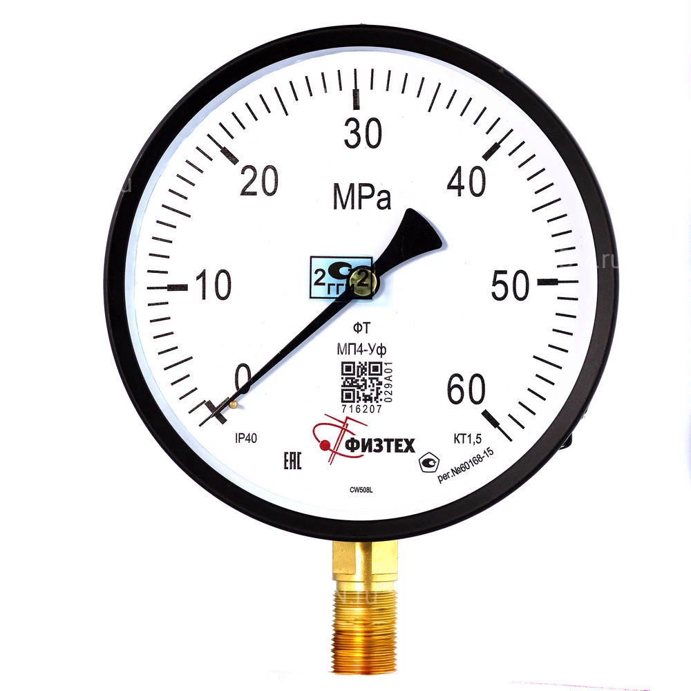 Манометр ФИЗТЕХ МП4-Уф 0-60 МПа IP40, общетехнический 160 мм, резьба М20х1.5, класс точности - 1.5, радиальный штуцер