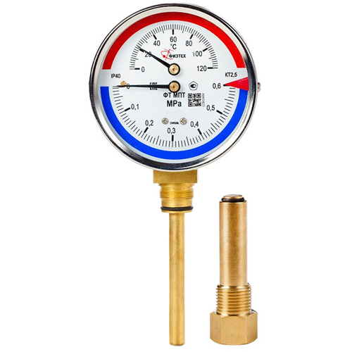 Термоманометр ФИЗТЕХ МПТ 0,6-1,6 МПа 120-150°C IP40, 100 мм, резьба G1/2, класс точности - 2.5, радиальный штуцер, длина погружной части 46-64 мм