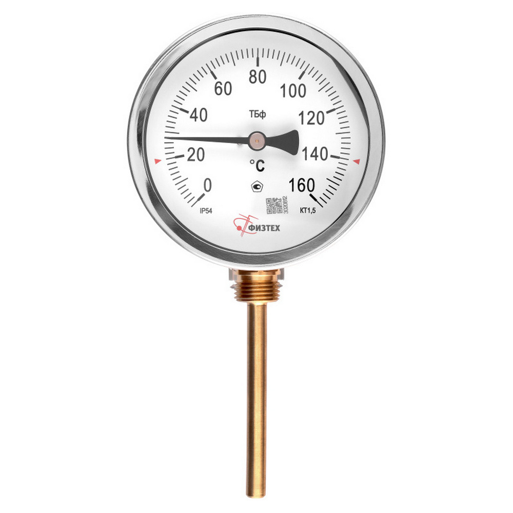 Термометр радиальный  ФИЗТЕХ ТБф-120 d-100 U=46(0-160°C), биметаллический 100 мм, тип -ТБф-120, радиальное присоединение, (шкала 0-160°С), погружной шток U=46, IP54, присоединение A2.0х14, класс точности 1.5