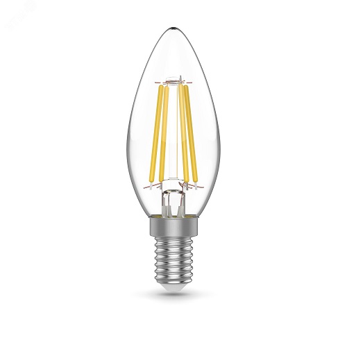 Лампы светодиодные Gauss Basic Filament E14 свеча 35 мм мощность - 4.5 Вт, цоколь - E14, световой поток - 400-420 лм, цветовая температура - 2700-4100 °К, форма - свеча