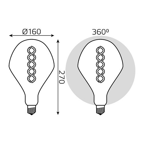 Лампа светодиодная Gauss Black Filament SD160 серая E27 оригинальная 160 мм мощность - 8 Вт, цоколь - E27, световой поток - 300 Лм, цветовая температура - 2400 °К, цвет свечения - теплый белый, форма - оригинальная