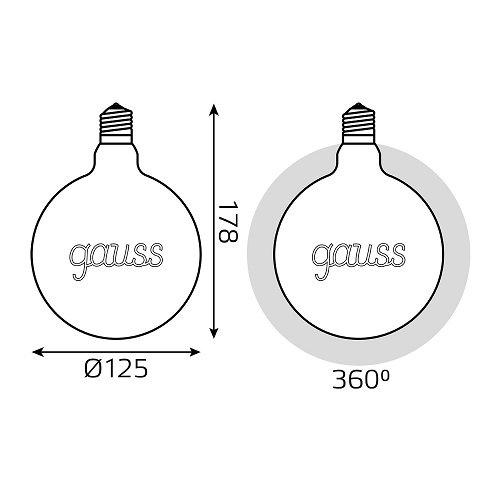 Лампа светодиодная Gauss Black Filament G125 E27 шар золотистая 125 мм мощность - 2.5 Вт, цоколь - E27, световой поток - 200 лм, цветовая температура - 2000 °К, Gauss LED, цвет свечения - теплый белый, форма - шарообразная